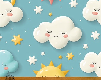 Cute Clouds And Sun Pattern Kids Room Wallpaper, Vintage Peel And Stick Wallpaper, Modern Kids Wall Decor,  Wall Mural