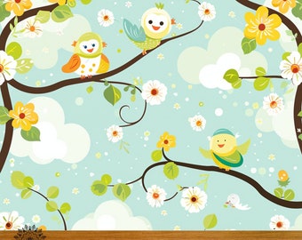 Birds Design Kids Room Wallpaper, Vintage Peel And Stick Wallpaper, Painting Pattern Wall Decor, Self Adhesive Wall Mural