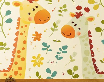 Cute Giraffe Design Kids Room Wallpaper, Vintage Peel And Stick Wallpaper, Painting Pattern Wall Decor, Self Adhesive Wall Mural