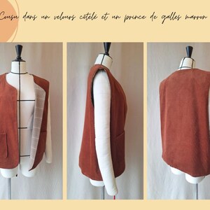 May include: A rust-coloured vest with two front pockets is displayed on a mannequin. The vest is made of a corduroy-like material and has a contrasting white lining. The vest is shown from multiple angles.