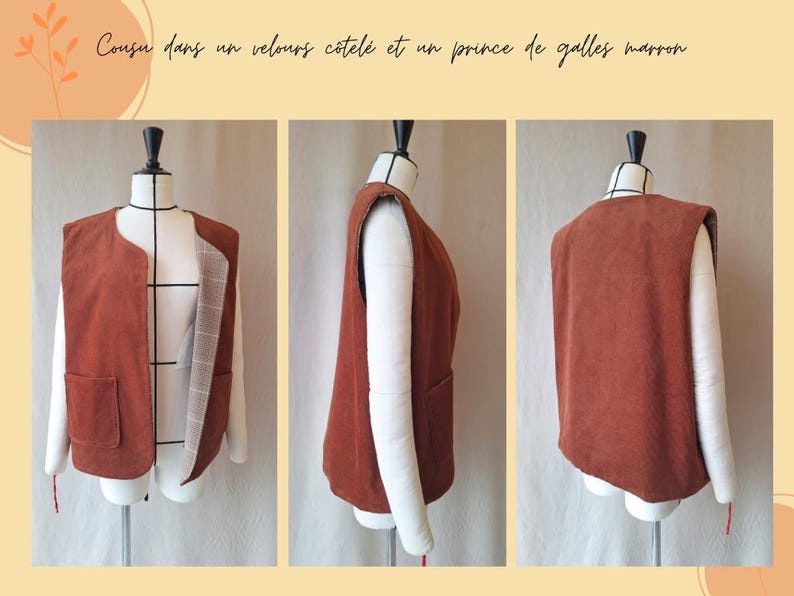 May include: A rust-coloured vest with two front pockets is displayed on a mannequin. The vest is made of a corduroy-like material and has a contrasting white lining. The vest is shown from multiple angles.