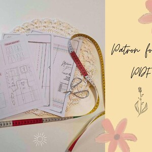 May include: A sewing pattern layout with a measuring tape, scissors, and pattern sheets. The text "Patron format PDF" is displayed on a yellow background with floral illustrations. The measuring tape is red and yellow.