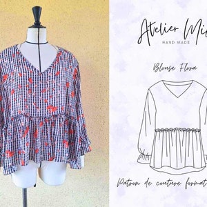 May include: A black and white gingham blouse with red floral print and a ruffled hem. The blouse has a V-neck and long sleeves. The image also includes a line drawing of the blouse with the text "Atelier Millie Hand Made Blouse Flora Patron de couture format PDF".