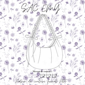 Puede incluir: Dibujo lineal de un bolso con una correa con volantes, etiquetado como "SAC EMY". El diseño del bolso es en blanco y negro, sobre un fondo de patrón floral en tonos morados y blancos. También está presente el texto "Patron de couture format PDF".