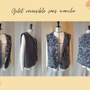 May include: A reversible, sleeveless vest in grey corduroy, displayed on a mannequin. The vest has a contrasting floral pattern on the inside. The image shows the vest from multiple angles, highlighting its design and features.