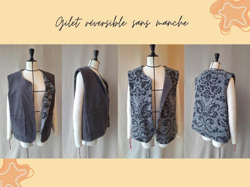 May include: A reversible, sleeveless vest in grey corduroy, displayed on a mannequin. The vest has a contrasting floral pattern on the inside. The image shows the vest from multiple angles, highlighting its design and features.