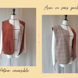 May include: Two reversible vests on mannequins. One is rust-coloured with pockets, the other a brown plaid. Text reads "Avec ou sans poches" and "Patron r&eacute;versible".