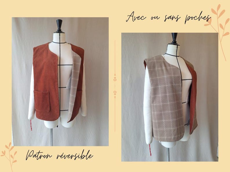 May include: Two reversible vests on mannequins. One is rust-coloured with pockets, the other a brown plaid. Text reads "Avec ou sans poches" and "Patron r&eacute;versible".