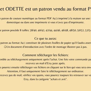 May include: A beige background displays text detailing a PDF A4 sewing pattern for a vest called ODETTE. The pattern includes sizes 38/40 to 52/54 and instructions for downloading after purchase.