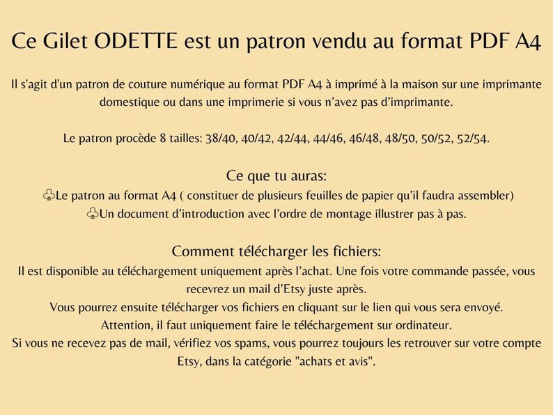 May include: A beige background displays text detailing a PDF A4 sewing pattern for a vest called ODETTE. The pattern includes sizes 38/40 to 52/54 and instructions for downloading after purchase.