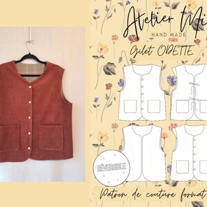 May include: A reversible rust-coloured vest with two front pockets and white buttons, hanging on a black hanger. The vest has a plaid lining. The image also includes a pattern for a vest with the text "Gilet Odette" and "Reversible".