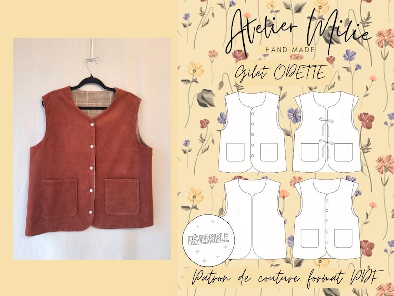 May include: A reversible rust-coloured vest with two front pockets and white buttons, hanging on a black hanger. The vest has a plaid lining. The image also includes a pattern for a vest with the text "Gilet Odette" and "Reversible".