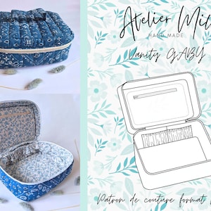 May include: A blue quilted vanity case with a floral lining and a zipper closure. The case is open and the interior is visible. The case is labeled "Atelier Millie Hand Made Vanity Gabby Pattern de couture format PDF"