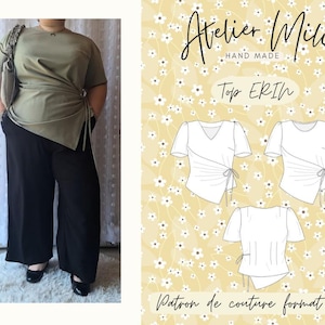 Peut inclure: Un haut cache-cœur olive à manches courtes avec un lien latéral et un pantalon noir à jambes larges. L'image présente un patron de couture numérique intitulé Atelier Milie Top ERIN avec des dessins techniques du vêtement.