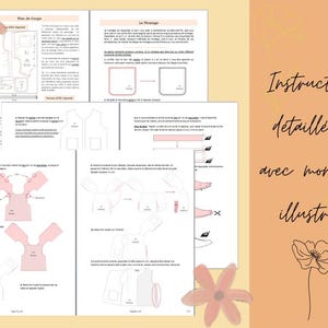 May include: Pages from a sewing pattern instruction booklet with detailed diagrams and text. The pages are white with pink and black illustrations. The cover has the text "Instructions d&eacute;taill&eacute;es avec montage illustr&eacute;" in black script on a peach background.