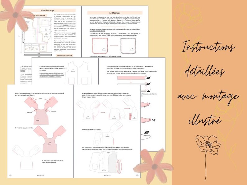 May include: Pages from a sewing pattern instruction booklet with detailed diagrams and text. The pages are white with pink and black illustrations. The cover has the text "Instructions d&eacute;taill&eacute;es avec montage illustr&eacute;" in black script on a peach background.