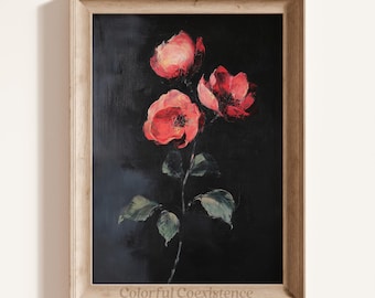 Arte de pared floral de melancolía, imagen vintage imprimible, decoración de melancolía de la Academia oscura, pintura antigua de peonía de melancolía, decoración de pared botánica de cottagecore oscuro