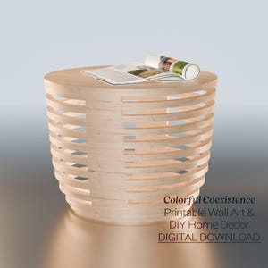 May include: A digital download of a printable wall art design featuring a wooden table with a slatted design. The design is titled "Colorful Coexistence" and is described as printable wall art and DIY home decor.