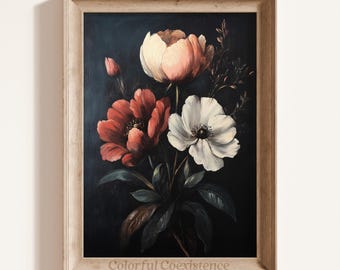 Cuadro de flores oscuras y melancólicas, arte de pared imprimible vintage con melancolía, decoración de la academia oscura, impresión vintage de melancolía con peonías, decoración floral victoriana de la academia