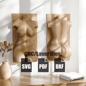 Puede incluir: Dos obras de arte mural de madera que representan la forma femenina, cada una montada en un panel rectangular de madera. El arte se crea utilizando un diseño en capas, con el texto "CNC/Laser files" e iconos de tipo de archivo (SVG, PDF, DXF) debajo. La frase "Colorful Coexistence" está en la parte inferior.