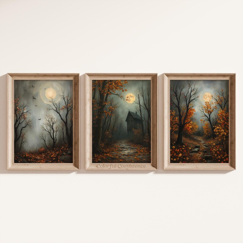 Moody Fall Wall Art Set of 3 Paintings Vintage Printable Dark Artwork ...