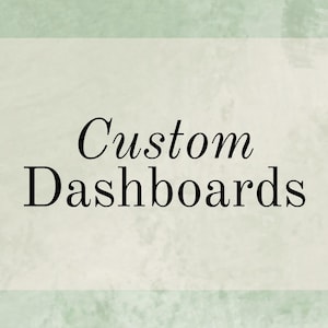 May include: A rectangular graphic with rounded corners displays the text "Custom Dashboards" in elegant black script. The background is a soft, off-white color, set against a textured, pale green backdrop.