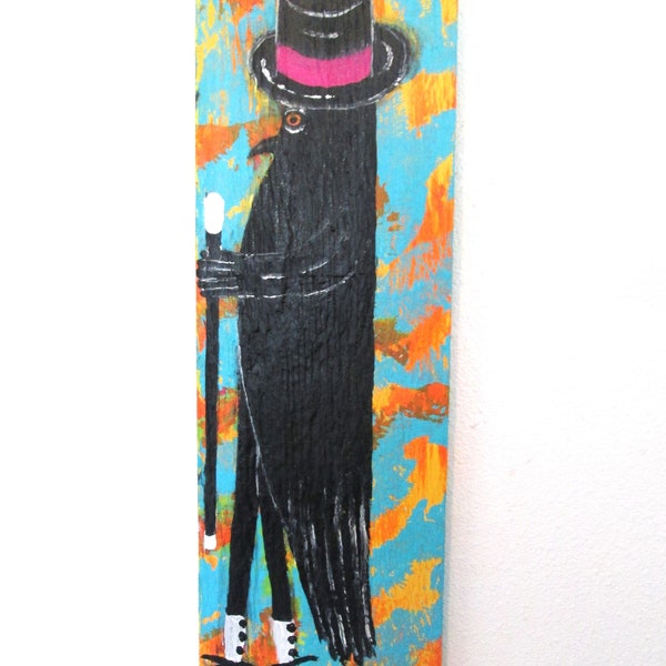 Outsider folk Art original Painting Crow Raven  in Top Hat, cane with spats, Southern self taught folk artist Dan C pop urban #DanCfolkart