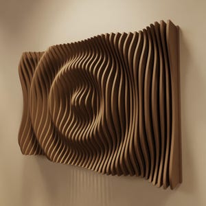DROP L | Arte mural paramétrico de madera y panel acústico | Escultura mural de madera con difusor de sonido 3D | Escultura moderna grande en ámbar natural