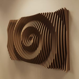 VORT L | Arte mural paramétrico de madera y panel acústico | Escultura mural de madera con difusor de sonido 3D | Escultura moderna grande en ámbar natural