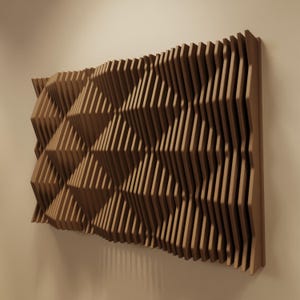 HUSH L | Arte mural paramétrico de madera y panel acústico | Escultura mural de madera con difusor de sonido 3D | Escultura moderna grande en ámbar natural