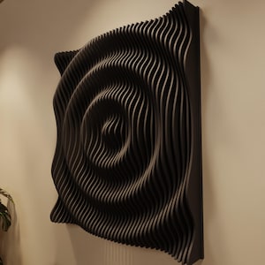 DROP XL | Arte mural paramétrico de madera y panel acústico | Escultura mural de madera con difusor de sonido 3D | Escultura moderna extragrande negra
