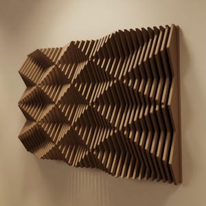 FLUX L | Arte mural paramétrico de madera y panel acústico | Escultura mural de madera con difusor de sonido 3D | Escultura moderna grande en ámbar natural