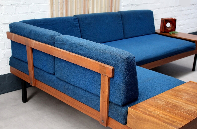 Mid Century Vintage Sofa Couch Daybed Set Palisander Teak Kombination Polsterung Blau. Eckmöbelbox im 70er Jahre Design Bild 8