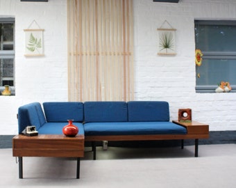 Mid Century Vintage bankstel Daybed Set palissander teak combinatie bekleding blauw. Hoekmeubelkist jaren 70 Design