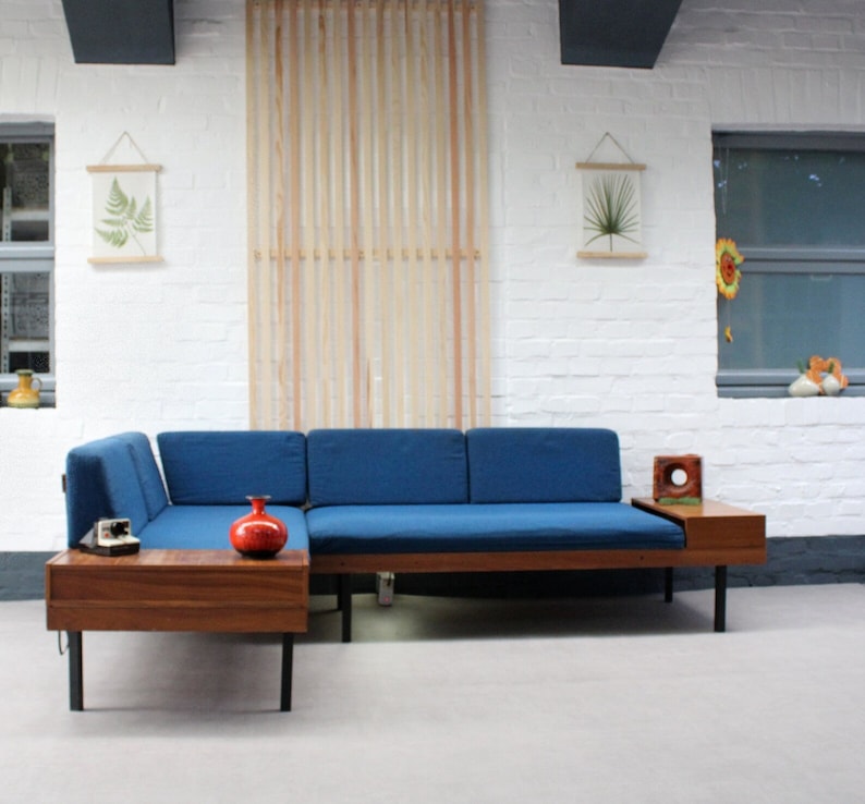 Mid Century Vintage Sofa Couch Daybed Set Palisander Teak Kombination Polsterung Blau. Eckmöbelbox im 70er Jahre Design Bild 1
