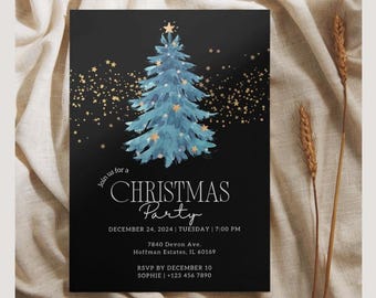 Blue Christmas Party Invite Template Editable on Canva Christmas Party Digital Template