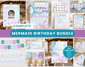 Peut inclure: Un ensemble complet pour une fête d'anniversaire sur le thème des sirènes, avec des modèles pour les invitations, les bannières et les décorations. Les motifs présentent des queues de sirènes, des coquillages et le texte "4e anniversaire de Sofia".