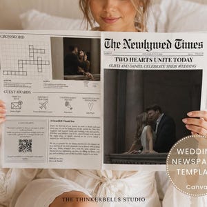 May include: A printed newspaper template titled The Newlywed Times featuring the headline Two Hearts Unite Today, Olivia and Daniel Celebrate Their Wedding. The layout includes a crossword puzzle, guest awards, a QR code, and black and white photos.