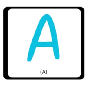 Könnte beinhalten: Ein blauer Buchstabe A in einem weißen Quadrat mit schwarzem Rand. Der Buchstabe A ist in handschriftlicher Form. Der Text (A) befindet sich unter dem Buchstaben.