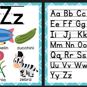 Puede incluir: Un gráfico de alfabeto colorido con la letra Z en mayúscula y minúscula. La letra Z se destaca con cuatro imágenes: un zepelín, un calabacín, una flor de zinnia y una cebra. El gráfico de alfabeto incluye todas las letras del alfabeto en mayúscula y minúscula.