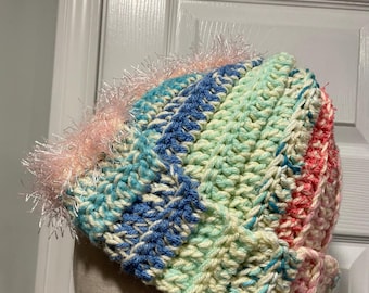 Handmade Crochet Chunky Ribbed Upcycled Multi Fiber Scrappy Yarn Beanie Hat