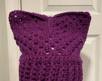 Handmade Crochet Cat Animal Ear Beanie Hat Cozy Ribbed Brim Stretch Winter Hat
