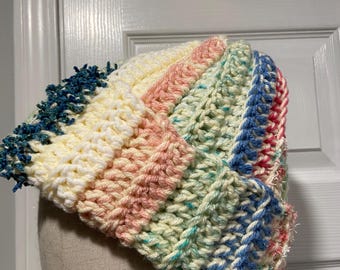 Handmade Crochet Chunky Ribbed Upcycled Multi Fiber Scrappy Yarn Beanie Hat