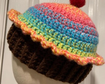 Handmade Crochet Rainbow Chocolate Cupcake Beanie Winter Hat Cozy Comfy Warm