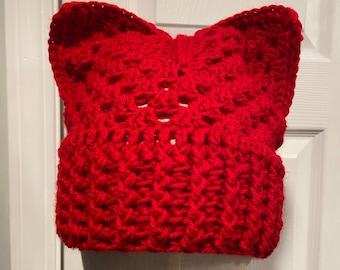 Handmade Crochet Cat Animal Ear Beanie Hat Cozy Ribbed Brim Stretch Winter Hat
