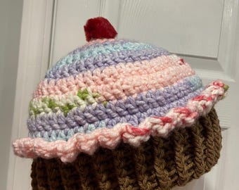 Handmade Crochet Rainbow Strawberry Cupcake Beanie Winter Hat Cozy Comfy Warm