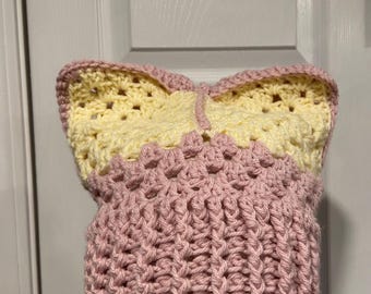 Handmade Crochet Cat Animal Ear Beanie Hat Cozy Ribbed Brim Stretch Winter Hat