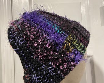 Handmade Crochet Chunky Ribbed Upcycled Multi Fiber Scrappy Yarn Beanie Hat