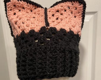 Handmade Crochet Cat Animal Ear Beanie Hat Cozy Ribbed Brim Stretch Winter Hat