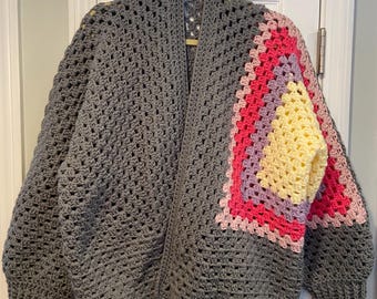 Handmade Crochet Granny Square One Size Cozy Cardigan Boho Chunky Knit Sweater